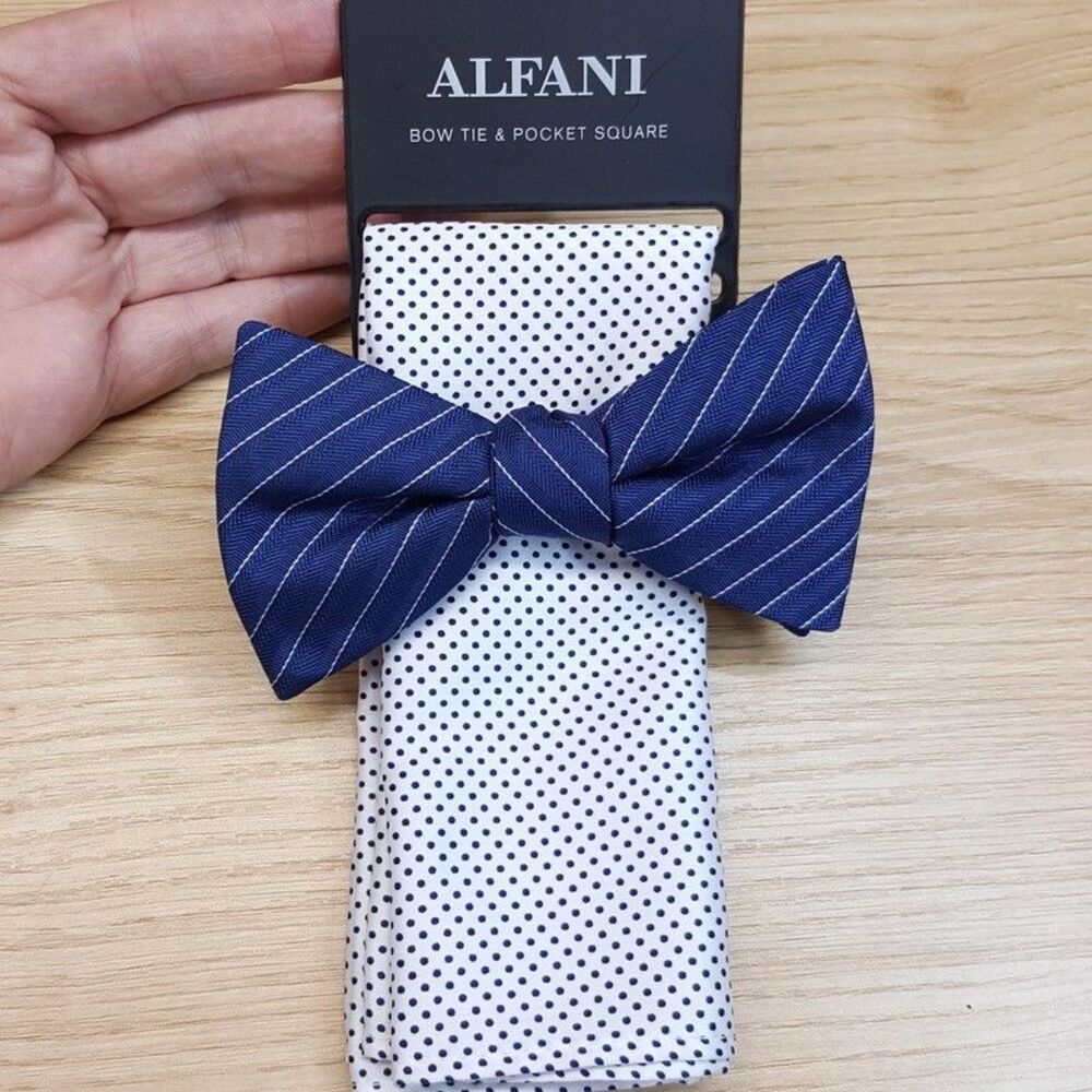 ALFANI Mens Bow Tie & Pocket Square Blue Stripe Polka Dot Satin White Pre-Tied